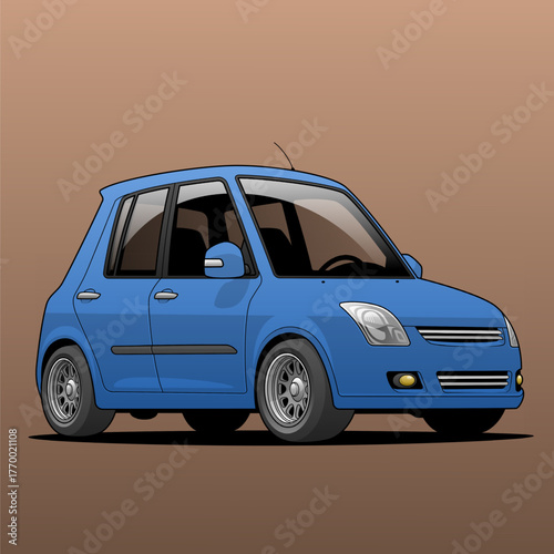 Cartoon-style compact blue car with alloy wheels and black mirrors on plain background, clean vector illustration ideal for automotive ads, infographics, or educational content