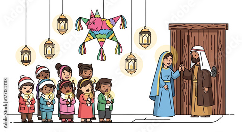 Cartoon depiction of Las Posadas with Mary and Joseph seeking shelter Children hold candles lanterns hang piñata is visible