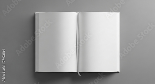 Open Blank Book Mockup with Empty White Pages and Bookmark. Top View Journal Flat Lay on Gray Background with Copy Space.