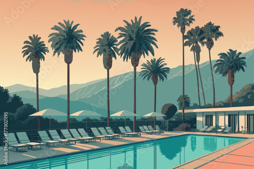 Hotel pool area with lounge chairs and palm trees.