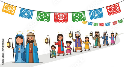 Cartoon depiction of the Las Posadas procession with Mary Joseph and other participants carrying lanterns