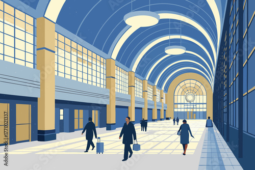 Interior of modern station hall with passengers.