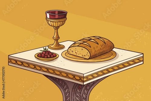 Religious communion table, flat lay, bread wafers, chalice of wine, sacrament, worship, communion elements, sacred ritual, Christian service.