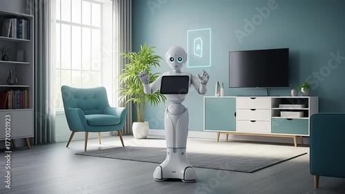 Advanced Humanoid Robot Assistant Engages with Smart Home Technology in a Modern Living Room Setting, Showcasing Future Domestic Automation and AI Integration for Enhanced Daily Life