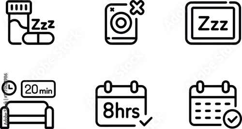 Set of six minimalist line art icons representing sleep and rest concepts vector