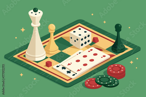 Highly detailed creative tabletop scene, mixed game pieces, fantasy miniatures, strategy board, dice, cards, intricate textures, vibrant colors, artistic composition, epic adventure.