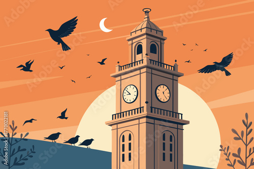 Old station clock tower with pigeons.