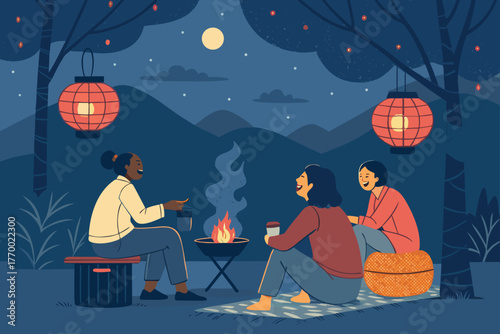 Sunset barbecue, glowing lanterns, friends sharing food, laughter, warm glow, casual gathering, delicious food, social bonding, outdoor relaxation, twilight ambiance.