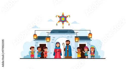 Cartoon Nativity scene with Mary Joseph kids  piñata outside building with hanging lanterns