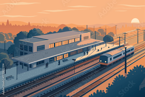 Overhead shot of modern train depot at dawn with.