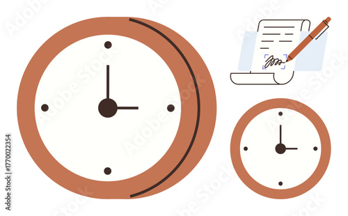 Analog clock paired with a signed document and pen emphasizes punctuality and effective task management. Ideal for time planning, deadlines, productivity, agreements, contracts, time tracking, simple