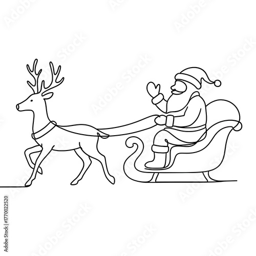 One continuous line drawing Santa Claus on reindeer and sled. concept for Christmas and New Year. vector illustration