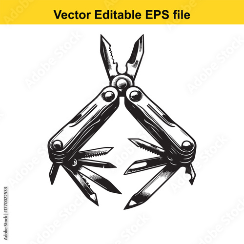 Open multi tool pocket knife with various blades and tools, , vector illustration