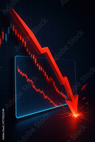Dramatic stock chart visualization of business loss. red arrow representing economy downturn breaks through screen, symbolizing financial crisis on dark background