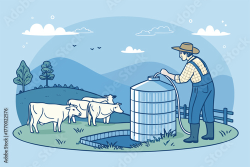 Rustic farmer diligently filling water trough for thirsty farm animals, clear sunny day.
