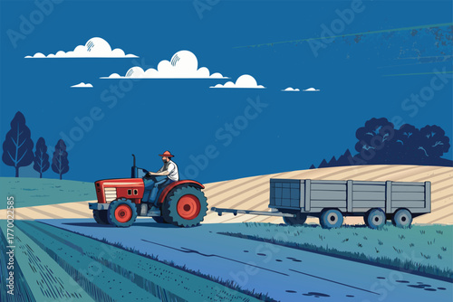 A farmer drives a vintage tractor, towing a large trailer brimming with sacks of animal feed, bathed in golden hour light.