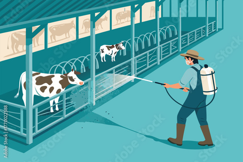 -farmer-disinfecting-cow-stall-using-sprayer--flat.eps