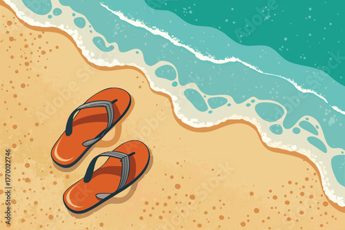 Perspective sandals on a sandy beach with waves.