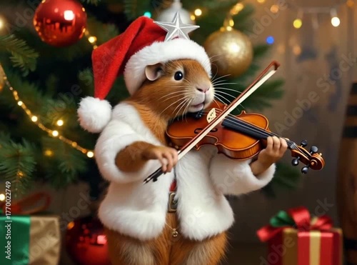 A cute guinea pig, dressed in a tiny Santa hat and white fur-trimmed coat, is holding a violin and bow as if playing a festive Christmas song next to a decorated tree.