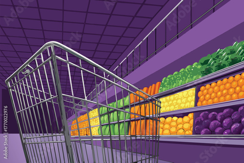 Perspective view from a shopping cart filled with produce.