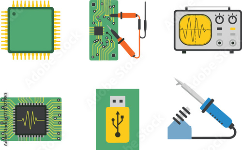 Electronic components, microchip, PCB, oscilloscope, soldering iron, USB drive, engineering tools, circuit board, waveform, vector illustration, technology icons, electronics