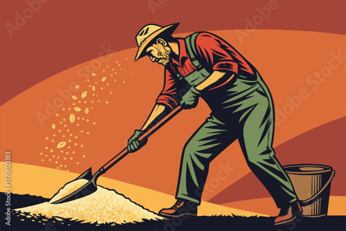 Farmer vigorously mixes granular animal feed with a shovel, flat lay, bold colors, rustic farm setting, manual labor, natural light, agricultural scene.