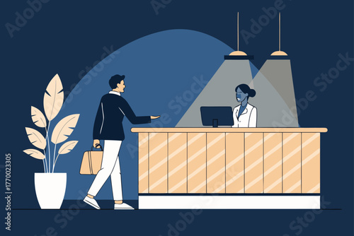 Hotel reception desk, concierge assisting a guest.