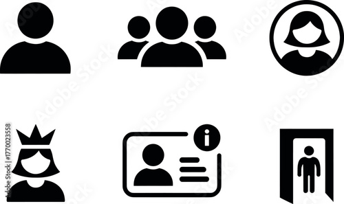 Collection of six distinct user interface icons representing profiles users and access in black and white silhouette style vector