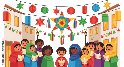 Children singing carols in a town square under festive decorations including a colorful piñata