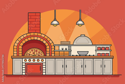 Restaurant open kitchen with pizza oven, flat lay.