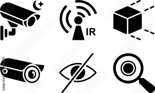 Set of six black and white icons representing security surveillance technology and investigation vector