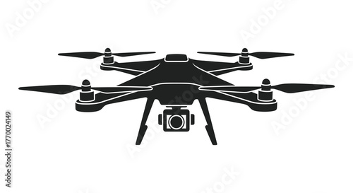 A detailed black silhouette of a modern quadcopter drone with a camera gimbal viewed from the front on a white background