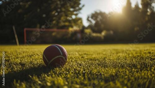 red ball rests in the lush green grass of sports field bathed in the warm golden light of sunset