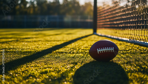 football sits near a goalpost and net on a sunlit grassy field