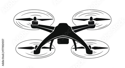 Modern quadcopter drone with spinning propellers captured in a bold black silhouette style