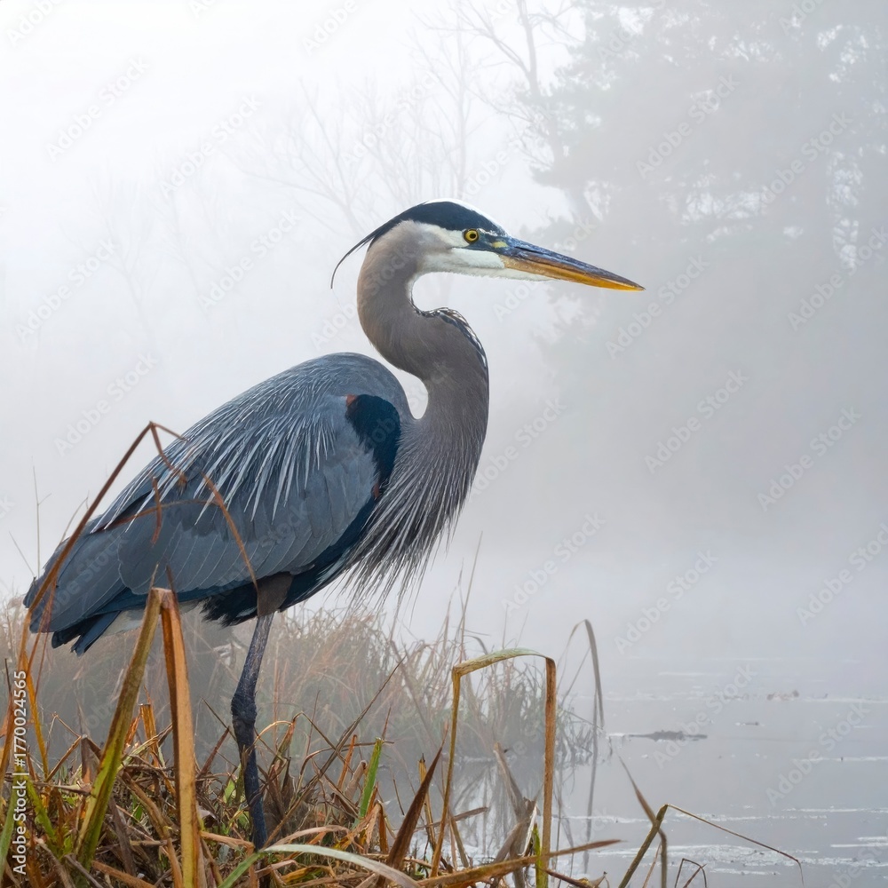 Fototapeta premium Great Blue Heron Standing Tall in Misty Marsh.