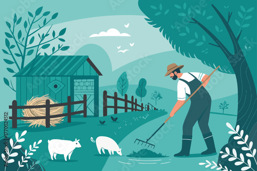 Man cleaning agricultural tools by rustic animal pen, soft flat shade, countryside morning, rural chores, livestock care, outdoor farm work, peaceful ambiance, sunlit.