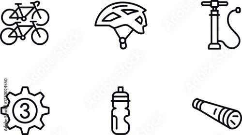 Set of six minimalist line art icons representing cycling gear and accessories for sports and recreation vector