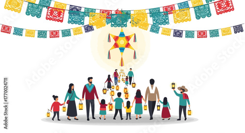 Colorful Posadas image shows people holding lanterns approaching a piñata under festive paper decorations