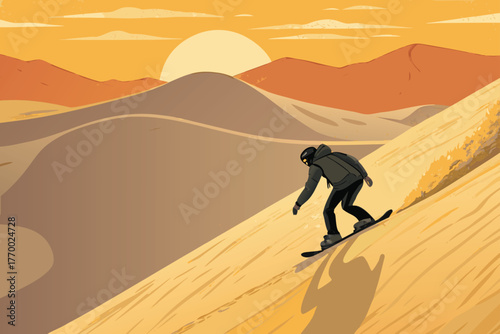 Sandboarder gliding down a sunlit golden dune from above.