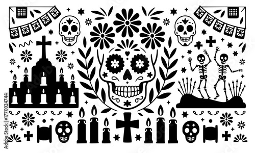 Day of the Dead Vector Illustration,Día de los Muertos Silhouette Design with Sugar Skull, Marigold Flowers, and Altar Elements