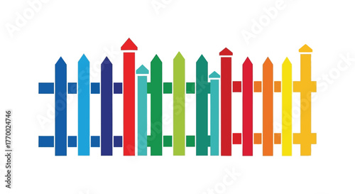 Colorful wooden picket fence silhouette against a white background representing childhood and outdoor fun