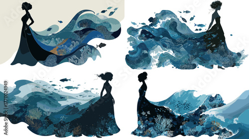 Elegant woman silhouette illustration with ocean wave dress. Artistic double exposure concept blending sea, fish, and water motion in beautiful fantasy composition.