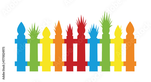 Colorful picket fence silhouette with grass tops against a white background representing summer or garden scenes silhouette