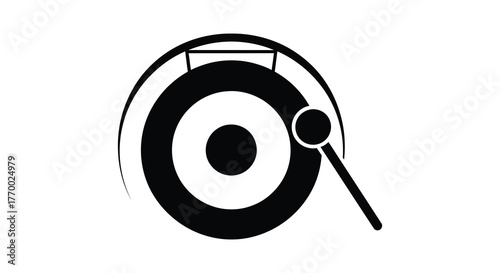 A simple black and white illustration of a gong with a mallet ready to strike presented as a silhouette