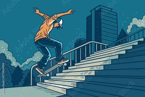 Skateboarder performing a kickflip over city stairs.