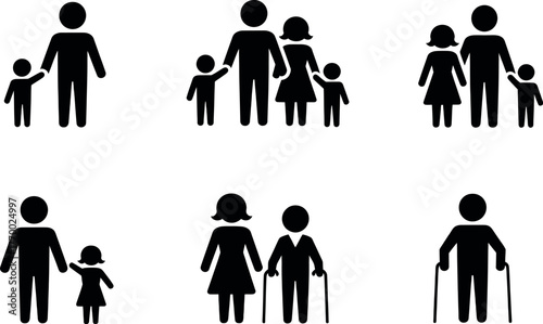 Minimalist black and white icons set representing diverse family units and generations vector
