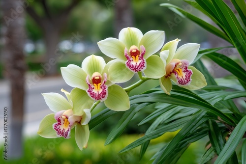Cymbidium orchid flowers blooming on green plant