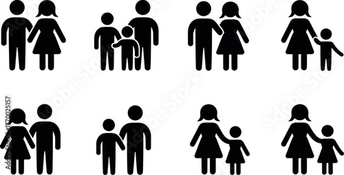 Minimalist silhouettes representing diverse family structures and relationships through icons vector