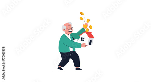 A smiling elderly man deposits gold coins into a miniature house, symbolizing retirement savings, real estate investment, and financial planning.
